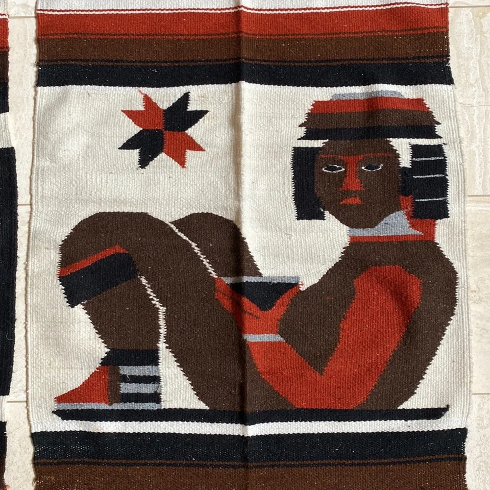 Vintage Aztec God Handwoven Wool 2 Coordinating Mexican Rug, Tapestry or Blanket